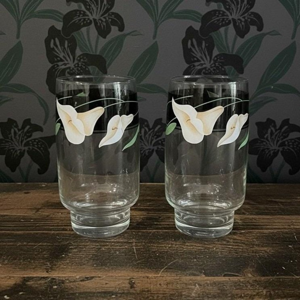 Sango Black Lillies Quadrille Glasses, Set of 2, Vintage Clear Floral Tumblers